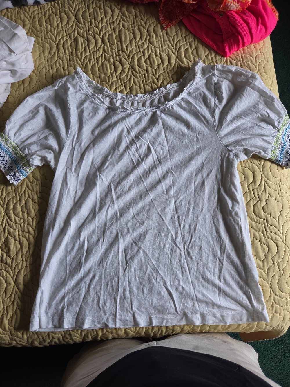 White Short Sleeve Women’s Tee with Embroidered Sleeve Accents